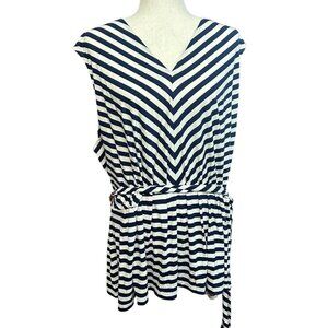 Talbots Shirt Women 3X Blue & White Sleeveless Belted Tunic V Neck